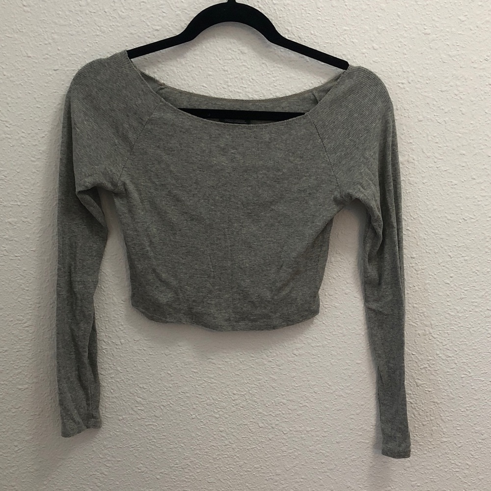 wild fable Gray Long-Sleeve Cropped Boatneck Top
